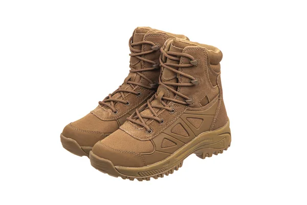 Modern Army Combat Boots New Desert Beige Shoes Isolate White — Stock Photo, Image