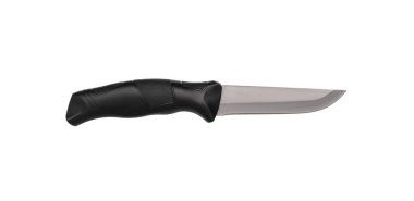 Siyah bıçaklı ve plastik saplı modern avcı bıçağı. Çelik kollar. Beyaz arkaplanda izole et.