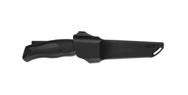 Siyah bıçaklı ve plastik saplı modern avcı bıçağı. Çelik kollar. Beyaz arkaplanda izole et.