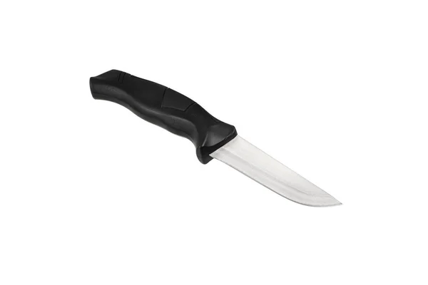 Современный Охотничий Нож Черным Лезвием Пластиковой Ручкой Стальные Руки Изолировать — стоковое фото