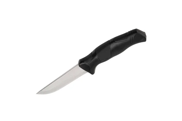 ブラックブレードとプラスチックハンドル付きのモダンな狩猟ナイフ 鋼の腕 白い背景に隔離された — ストック写真