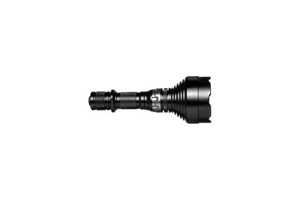 现代金属Led手电筒为黑色 白色背景上的便携式手电筒隔离装置 — 图库照片