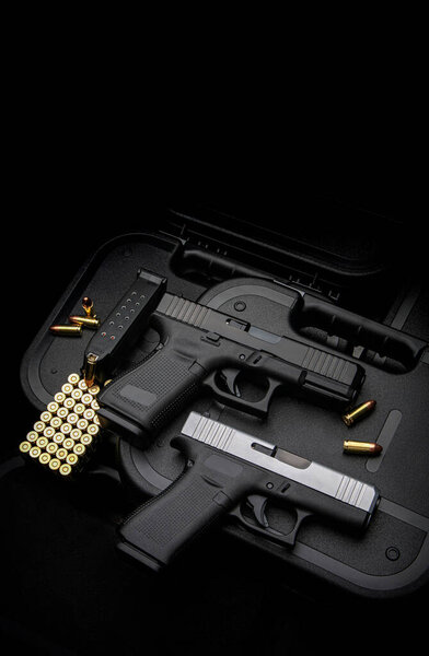 Modern semi-automatic pistols. A short-barreled weapon for self-defense. Arming the police, special units and the army. Isolate on a white background.