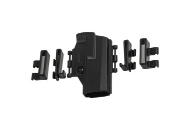 Plastik tabanca kılıfı. Kullanışlı ve gizli silah taşıma suçundan. Beyaz arkaplanda izole et.