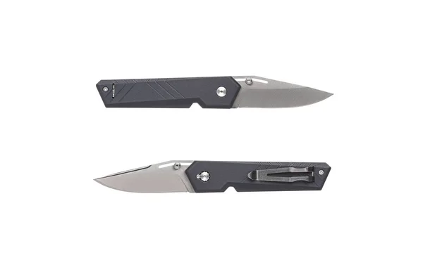Pocket folding knife. Compact metal sharp knife with a folding blade. Gray handle and metal clip. Isolate on a white background.