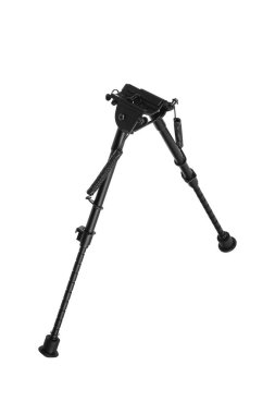 Modern metal folding bipod for a rifle or carbine. A device for the convenience of shooting. Isolate on a white background.