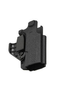 Plastik tabanca kılıfı. Kullanışlı ve gizli silah taşıma suçundan. Her yönden bak. Beyaz arkaplanda izole et.