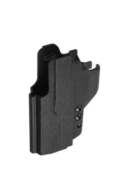 Plastik tabanca kılıfı. Kullanışlı ve gizli silah taşıma suçundan. Her yönden bak. Beyaz arkaplanda izole et.