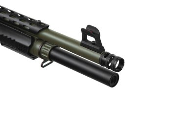 Close-up of the gun barrel. Pump-action 12 gauge shotgun isolated on a white background. A smooth-bore weapon with a plastic stock. 