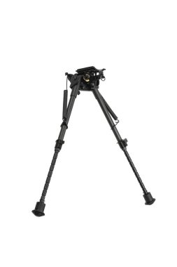 Modern metal folding bipod for a rifle or carbine. A device for the convenience of shooting. Isolate on a white background.