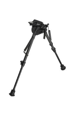 Modern metal folding bipod for a rifle or carbine. A device for the convenience of shooting. Isolate on a white background.