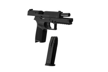 Modern yarı otomatik tabanca. Nefsi müdafaa için kısa namlulu bir silah. Polisi, özel kuvvetleri ve orduyu silahlandırmak. Beyaz arkaplanda izole et.