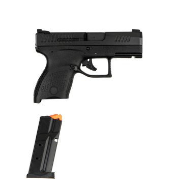 Modern yarı otomatik tabanca beyaz arka planda izole edilmiş. Ordu ve polis için silah. Kısa namlulu silah..