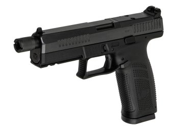 Modern yarı otomatik tabanca beyaz arka planda izole edilmiş. Ordu ve polis için silah. Kısa namlulu silah..