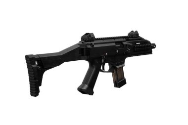 A modern automatic carbine chambered for 9mm pistol caliber. Weapons for the police, army and special units. Isolate on a white background.