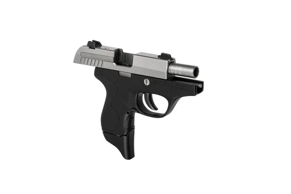 Modern silver semi-automatic pistol. A short-barreled weapon for self-defense. A small weapon for concealed carry. Isolate on a white background.