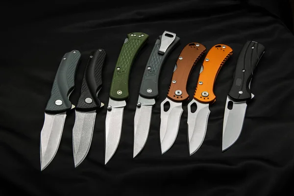 Pocket Penknives Variety Folding Knives Dark Background — Stock Photo, Image