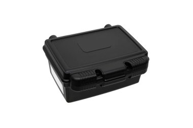 Black plastic container with foam inside for safe storage and transportation of fragile and expensive items. Sturdy plastic case. Isolate on a white background.
