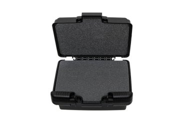 Black plastic container with foam inside for safe storage and transportation of fragile and expensive items. Sturdy plastic case. Isolate on a white background.