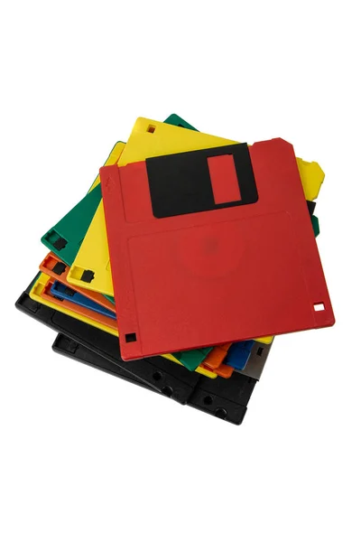 Mehrfarbige Disketten Veraltetes Magnetisches Speichermedium Isoliert Auf Weißem Hintergrund — Stockfoto