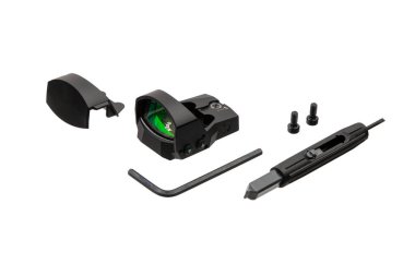 Modern optik kolatör görüşü. Kısa mesafeden ateş etmek için nişan alma cihazı. Beyaz arkaplanda izole et.