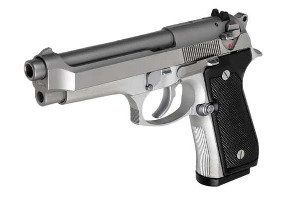 Modern semi-automatic silver pistol. Armament for the army and police. Short-barreled weapon. Isolate on a white background.