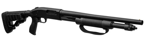 泵动式12口径霰弹枪 白色底座上隔离 木制枪托一种装有木制枪托的滑膛武器 — 图库照片