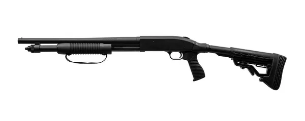 泵动式12口径霰弹枪 白色底座上隔离 木制枪托一种装有木制枪托的滑膛武器 — 图库照片