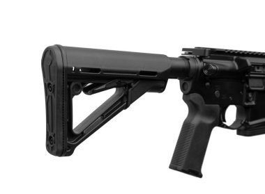 Modern otomatik tüfek beyaz arka planda izole edilmiş. Polis, özel kuvvetler ve ordu için silahlar. Otomatik karabina katlanıyor. Beyaz sırtlı saldırı tüfeği..