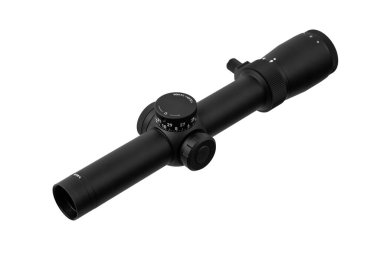 Beyaz arka planda modern bir keskin nişancı dürbünü. Uzun mesafelerde nişan almak ve ateş etmek için optik aygıt.