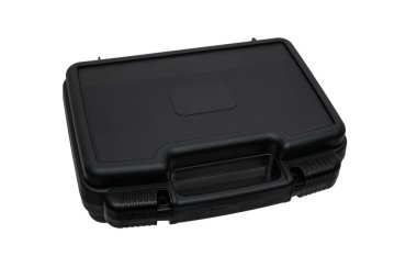 Black plastic container with foam inside for safe storage and transportation of fragile and expensive items. Sturdy plastic case. Isolate on a white background.