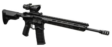 Modern otomatik tüfek beyaz arka planda izole edilmiş. Polis, özel kuvvetler ve ordu için silahlar. Optik görüşlü karabina. Beyaz arkaplanda izole et.