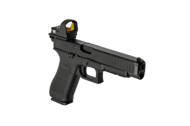 Kırmızı noktalı modern yarı otomatik tabanca. Ordu ve polis için silah. Kısa namlulu silah. Beyaz arkaplanda izole et.