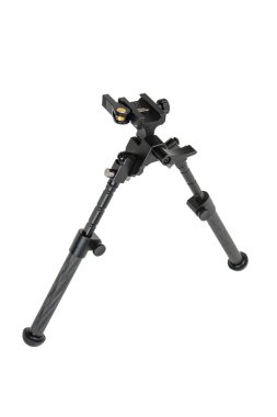 Modern metal folding bipod for a rifle or carbine. A device for the convenience of shooting. Isolate on a white background.