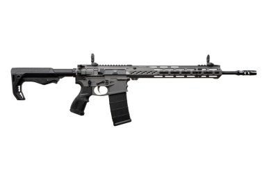 Mekanik görüşlü modern otomatik karabina. Spor ve nefsi müdafaa için silahlar. Özel kuvvetlerin ve ordunun silahları. Beyaz arkaplanda izole et.