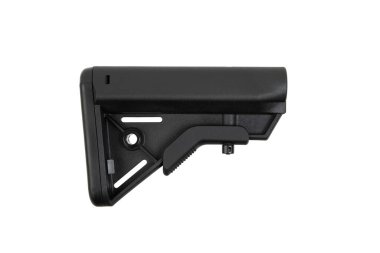 Close-up of the butt of an automatic carbine. Modern automatic rifle isolated on white background. Weapons for police, special forces and the army. Assault rifle on white back.