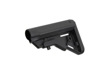 Close-up of the butt of an automatic carbine. Modern automatic rifle isolated on white background. Weapons for police, special forces and the army. Assault rifle on white back.