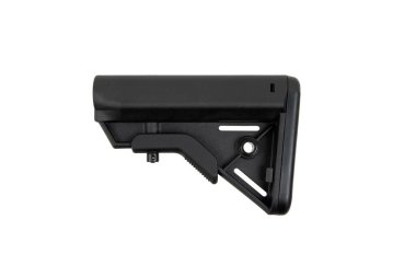 Close-up of the butt of an automatic carbine. Modern automatic rifle isolated on white background. Weapons for police, special forces and the army. Assault rifle on white back.