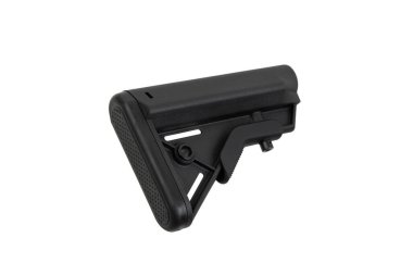 Close-up of the butt of an automatic carbine. Modern automatic rifle isolated on white background. Weapons for police, special forces and the army. Assault rifle on white back.