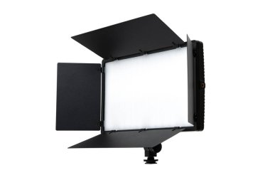 Fotoğraf ve video lambası beyaz arkaplanda izole edildi. Işık akışı oluşumu için özel panjurlu LED lamba. Fotoğraf ve video aydınlatma armatürü.