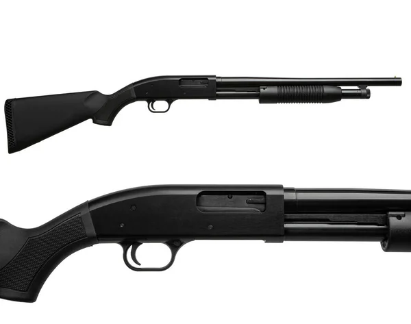 ポンプアクション12ゲージ散弾銃は白い背景に隔離されています 追加のハンドル プラスチック製のスムーズな武器 ロイヤリティフリーのストック写真