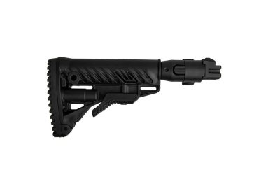 Modern plastic folding buttstock. Replaceable part of the gun. Isolate on a white background.