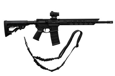 Modern automatic rifle isolated on white background. Weapons for police, special forces and the army. A carbine with red dot sight on a white background.