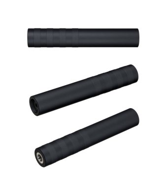 Silahlar için siyah susturucu. Susturucu, saldırı tüfeğinin ucundaydı. Beyaz arkaplanda izole et.