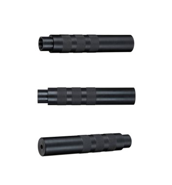 Silahlar için siyah susturucu. Susturucu, saldırı tüfeğinin ucundaydı. Beyaz arkaplanda izole et.