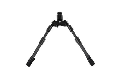 Modern metal folding bipod for a rifle or carbine. A device for the convenience of shooting. Isolate on a white background.