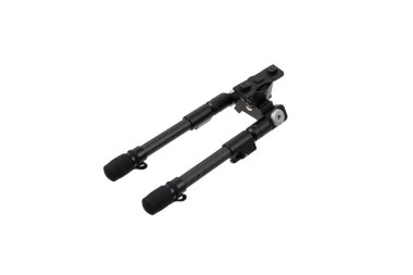 Modern metal folding bipod for a rifle or carbine. A device for the convenience of shooting. Isolate on a white background.