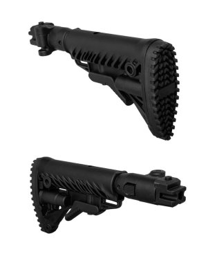 Modern plastic folding buttstock. Replaceable part of the gun. Isolate on a white background.