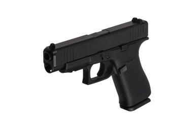 Modern yarı otomatik tabanca beyaz arka planda izole edilmiş. Ordu ve polis için silah. Kısa namlulu silah..