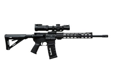 Optik görüşlü modern otomatik karabina. Polis, özel kuvvetler ve ordu için silahlar. Otomatik karabina. Beyaz sırtlı saldırı tüfeği. Beyaz arkaplanda izole et.